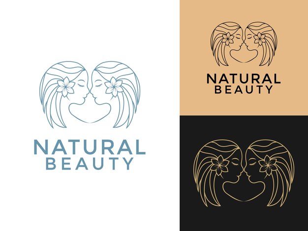 Diseño de logotipo de belleza para mujeres Arte de línea belleza natural para mujeres rostro y cabello con vector de logo de flor