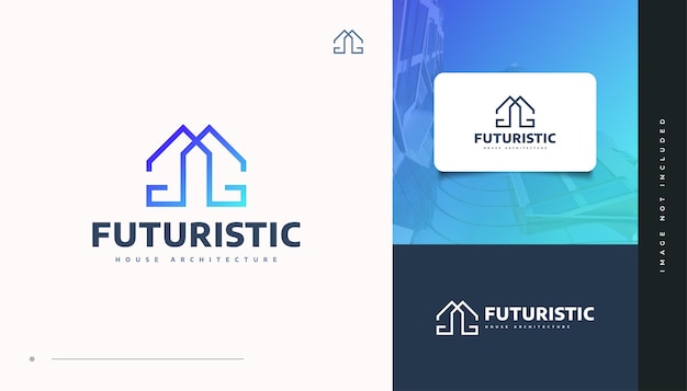 Vector diseño de logotipo de bienes raíces azul futurista con estilo de línea. diseño de logo de construcción, arquitectura o edificio