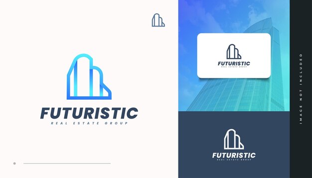 Diseño de logotipo de bienes raíces azul futurista con estilo de línea. Diseño de Logo de Construcción, Arquitectura o Edificio