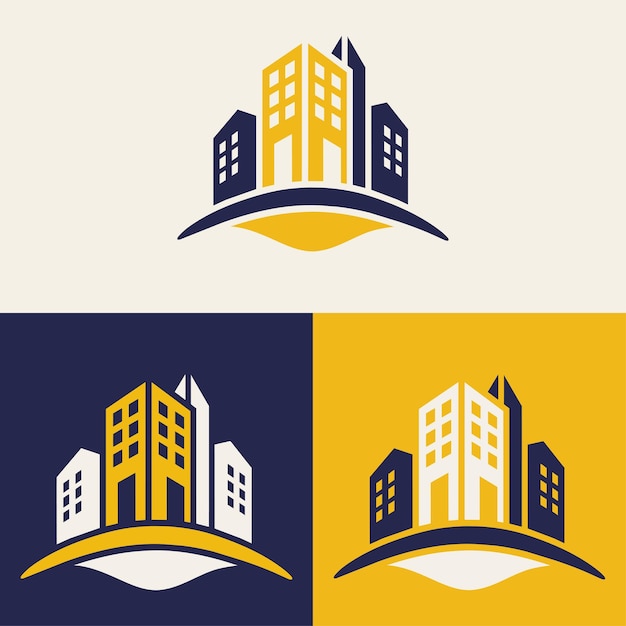 diseño de logotipo de bienes raíces con colores azules y amarillos con edificios de silueta en el fondo