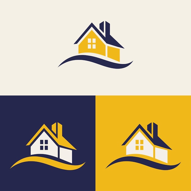 diseño de logotipo de bienes raíces con colores azules y amarillos con edificios de silueta en el fondo