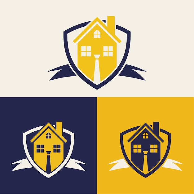 diseño de logotipo de bienes raíces con colores azules y amarillos con edificios de silueta en el fondo