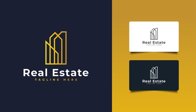 Diseño de logotipo de bienes raíces de lujo con estilo de línea. Logotipo del edificio de oro.