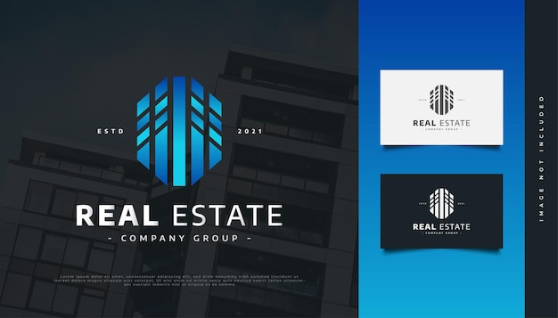 Diseño de logotipo de bienes raíces moderno y futurista azul. Diseño de Logo de Construcción, Arquitectura o Edificio