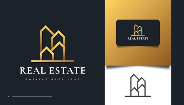 Diseño de logotipo de bienes raíces de oro abstracto con estilo de línea. diseño de logo de construcción, arquitectura o edificio