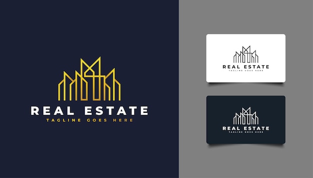 Diseño de logotipo de bienes raíces de oro de lujo con estilo de línea.