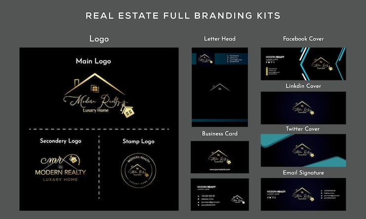 Vector diseño de logotipo de bienes raíces con tarjeta de presentación de marca completa, muñones, firma de correo electrónico y redes sociales