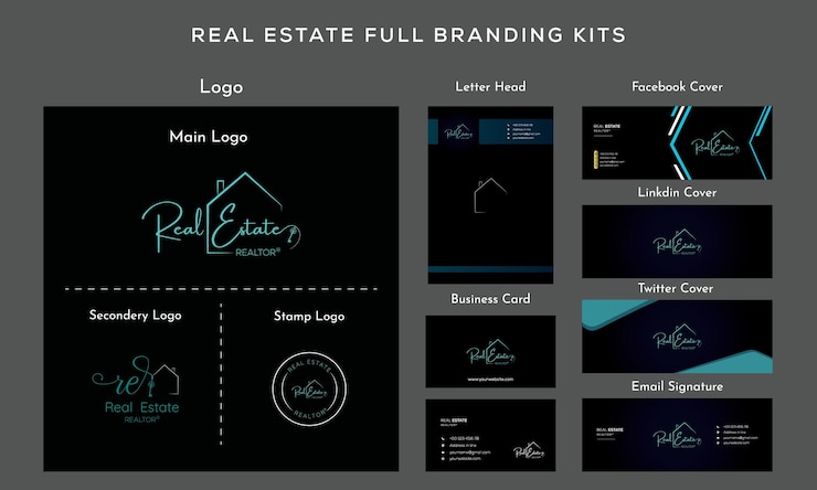 Vector diseño de logotipo de bienes raíces con tarjeta de presentación de marca completa, muñones, firma de correo electrónico y redes sociales