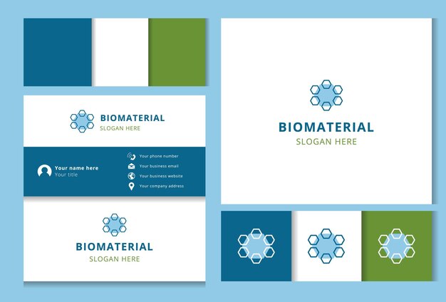 Diseño de logotipo de biomateriales con libro de marca de eslogan editable
