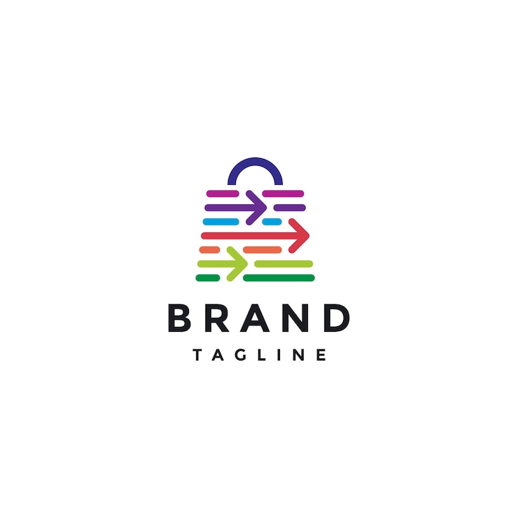 Vector diseño del logotipo de la bolsa de compras con motivos de flecha colorida diseño de la logotipo de las bolsas de compras con líneas de flecha simples