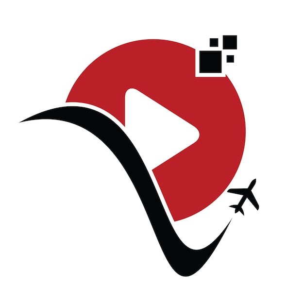 Diseño del logotipo del botón de reproducción del avión. Avión y símbolo o icono de registro.
