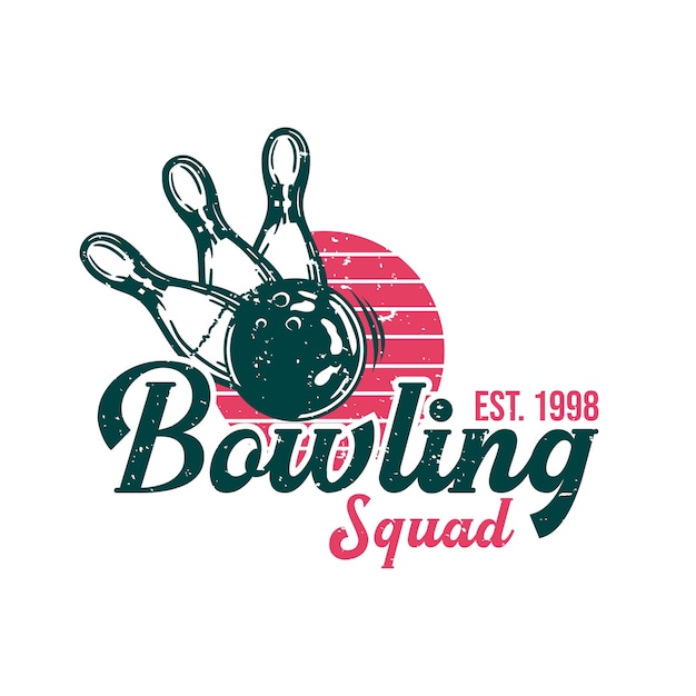 Diseño de logotipo bowling squad est 1998 con bola de boliche golpeando bolos ilustración vintage