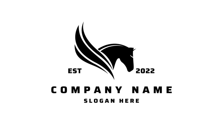 Diseño de logotipo de caballo pegaso mitológico en fondo blanco