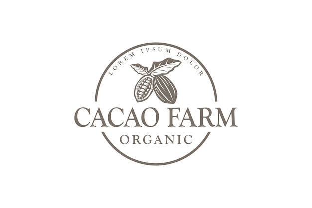 Diseño de logotipo de cacao de granja de cacao fruta orgánica con estilo de insignia de emblema de hoja