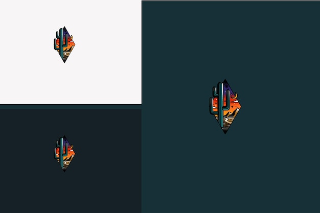 Diseño de logotipo de cactus y vista de ilustración de vector de montaje