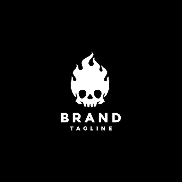 Diseño de logotipo de calavera blanca en llamas. cráneo ardiente en diseño de logotipo en blanco y negro.