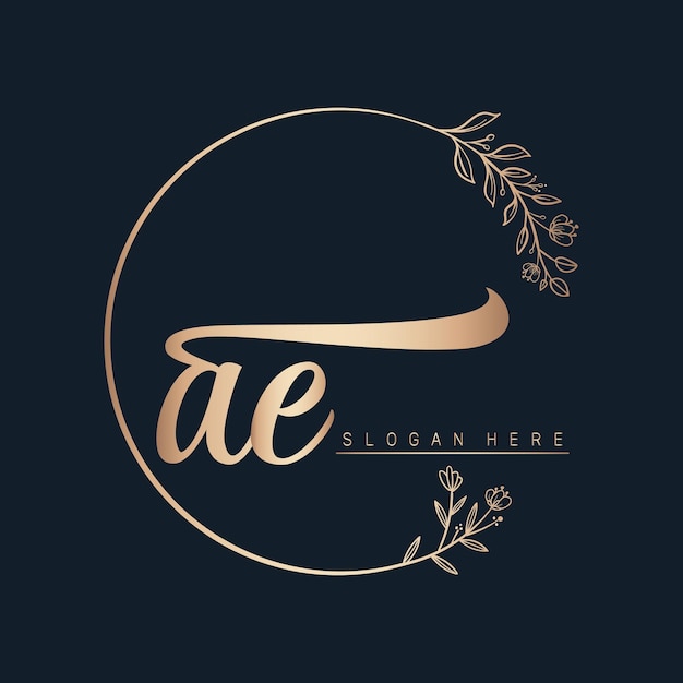 diseño de logotipo caligráfico y vectorial de firma con círculo en hoja y flor de color dorado