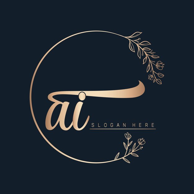 diseño de logotipo caligráfico y vectorial de firma con círculo en hoja y flor de color dorado
