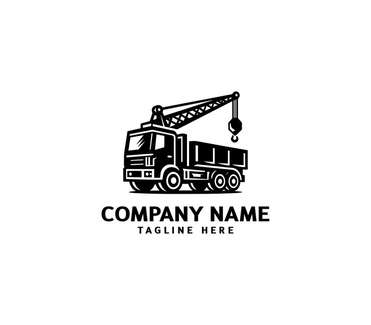 Diseño del logotipo del camión de grúa vectorial Logotipo industrial Grúa montada en camión de maquinaria pesada de construcción