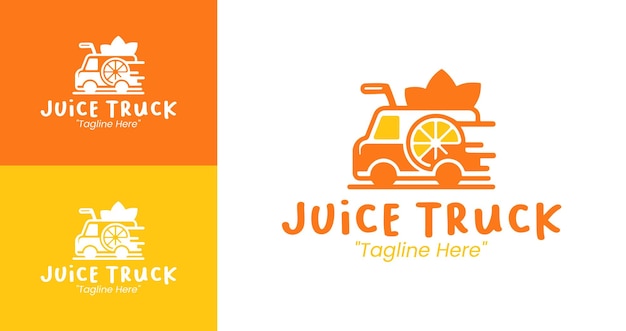 Diseño del logotipo del camión de jugo naranja y amarillo brillante con icono de fruta y vehículo para el negocio de bebidas
