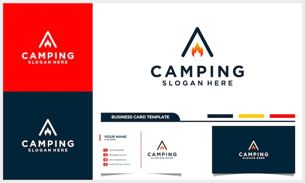 Diseño de logotipo de camping con tienda abstracta y concepto de fuego con plantilla de tarjeta de visita