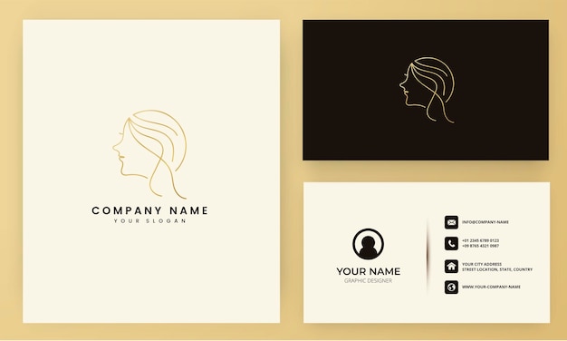 Diseño de logotipo de cara y cabello de belleza de línea con plantilla de tarjeta de visita