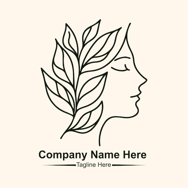 Diseño de logotipo de cara de mujer de belleza de hoja natural de arte lineal