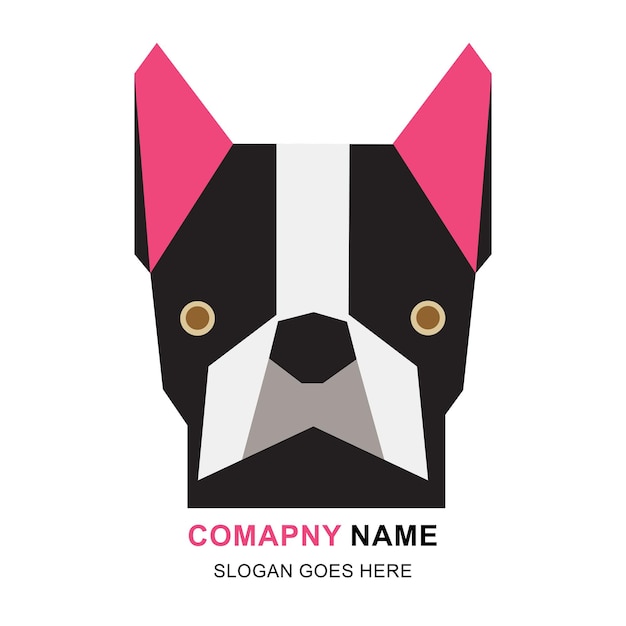 Diseño de logotipo de cara negra y rosa de forma geométrica poligonal de Boston Terrier