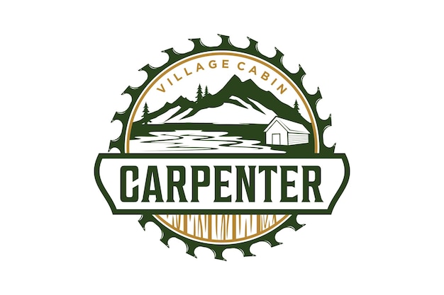 Diseño de logotipo de carpintería de carpintero sierra circular ilustración de lago de montaña con símbolo de icono de casa de granero