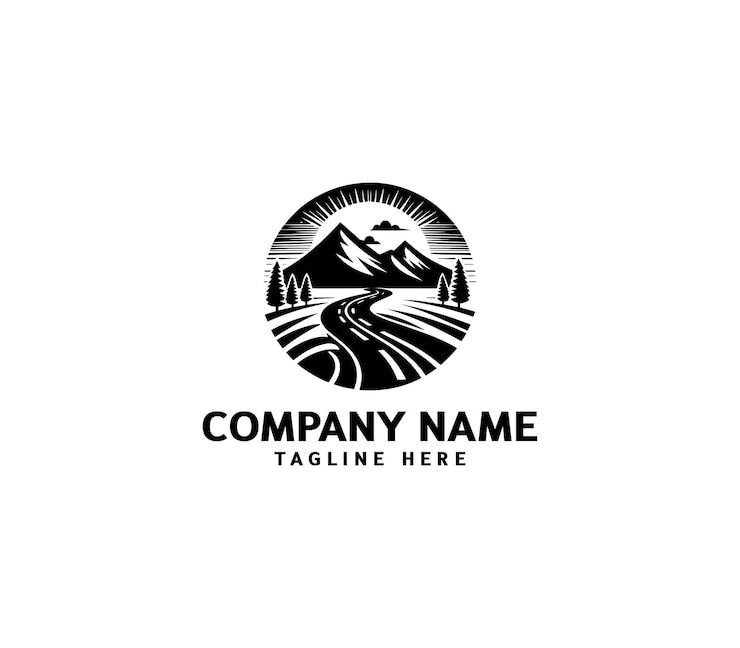 Diseño del logotipo de la carretera vectorial Carretera curva asfalta y carretera Fuera del árbol edificio de montaña logotipo del sol