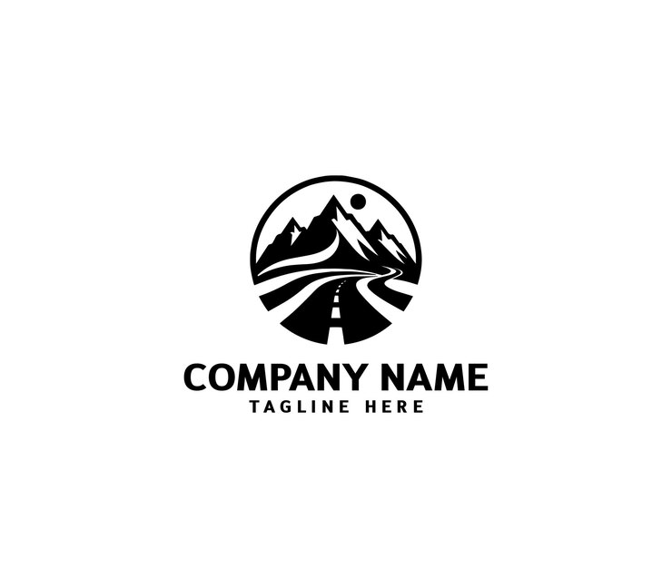 Diseño del logotipo de la carretera vectorial Carretera curva asfalta y carretera Fuera del árbol edificio de montaña logotipo del sol
