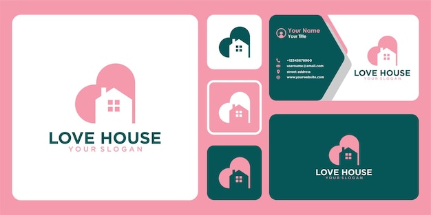 Diseño de logotipo de casa de amor y tarjeta de visita