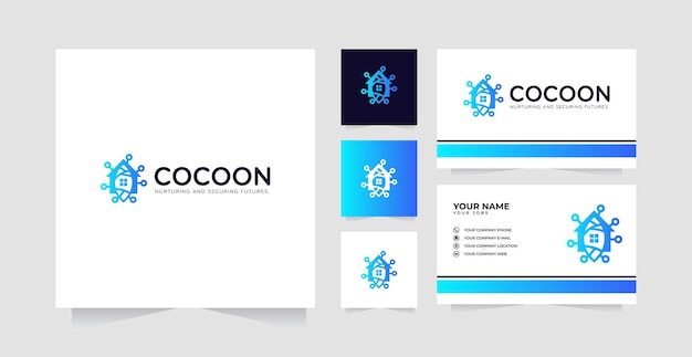 Vector diseño del logotipo de la casa cocoon y plantilla vectorial de tarjetas de visita