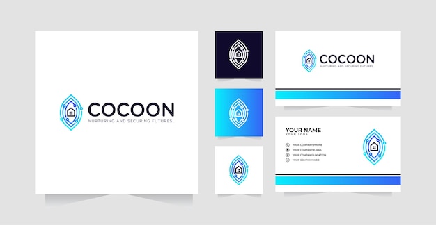 Diseño del logotipo de la casa Cocoon y plantilla vectorial de tarjetas de visita