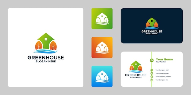 Diseño de logotipo de casa ecológica moderna de casa verde con color degradado y diseño de tarjeta de visita