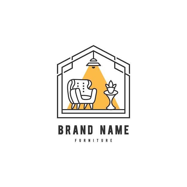 Diseño de logotipo de casa de muebles con maceta de flores de mesa de luz y ilustración de vector de hogar de silla