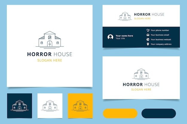 Diseño de logotipo de casa de terror con libro de marca de eslogan editable y plantilla de tarjeta de visita