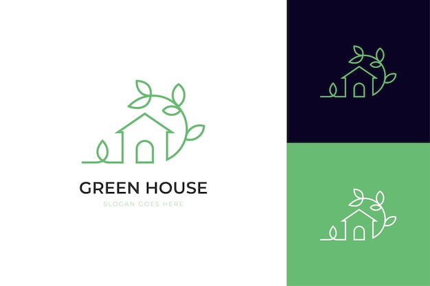 Diseño de logotipo de casa verde natural estilo de arte de línea diseño de icono de símbolo de vector con concepto de hogar de círculo de hoja diseño de logotipo de hogar ecológico