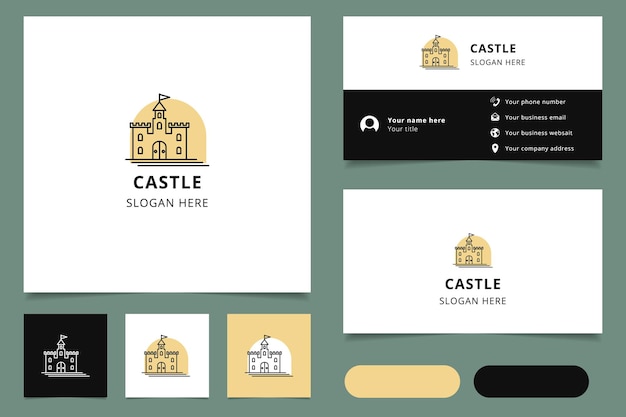Diseño de logotipo de castillo con libro de marca de eslogan editable y plantilla de tarjeta de visita