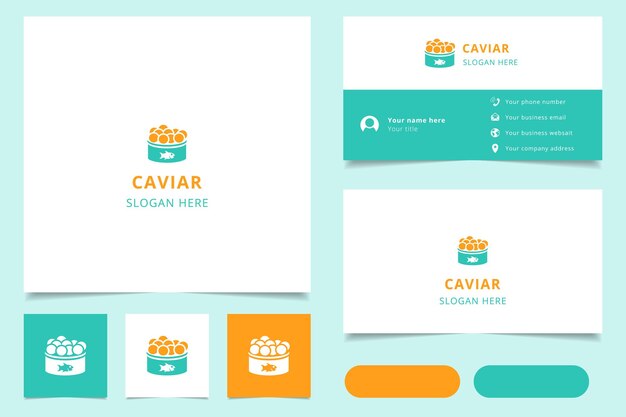 Diseño de logotipo de caviar con eslogan editable Libro de marca y plantilla de tarjeta de visita