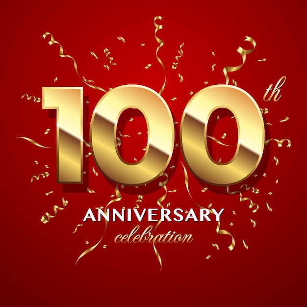 Diseño del logotipo de celebración del 100 aniversario con número dorado y plantilla de vector de logotipo de cinta