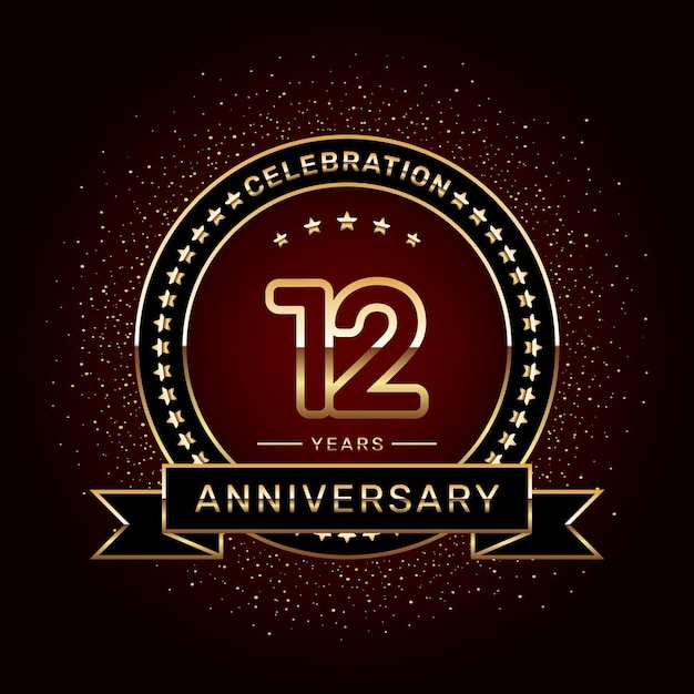 Diseño del logotipo de la celebración del 12º aniversario con un anillo dorado y una plantilla vectorial de cinta