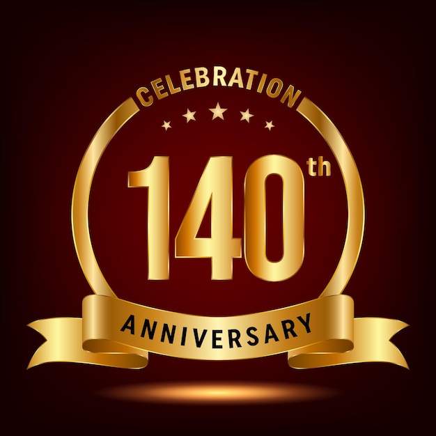 Diseño del logotipo de la celebración del 140 aniversario con anillo y cinta dorada Logo Vector Template
