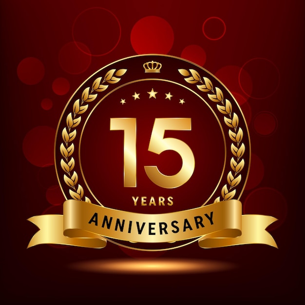 Diseño del logotipo de la celebración del 15.º aniversario con corona de laurel y plantilla de vector de logotipo de cinta dorada