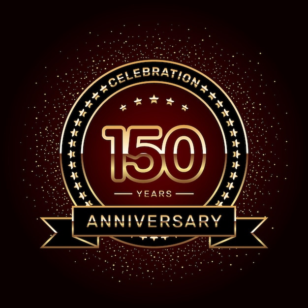 Vector diseño del logotipo de la celebración del 150 aniversario con un anillo dorado y una plantilla vectorial de cinta