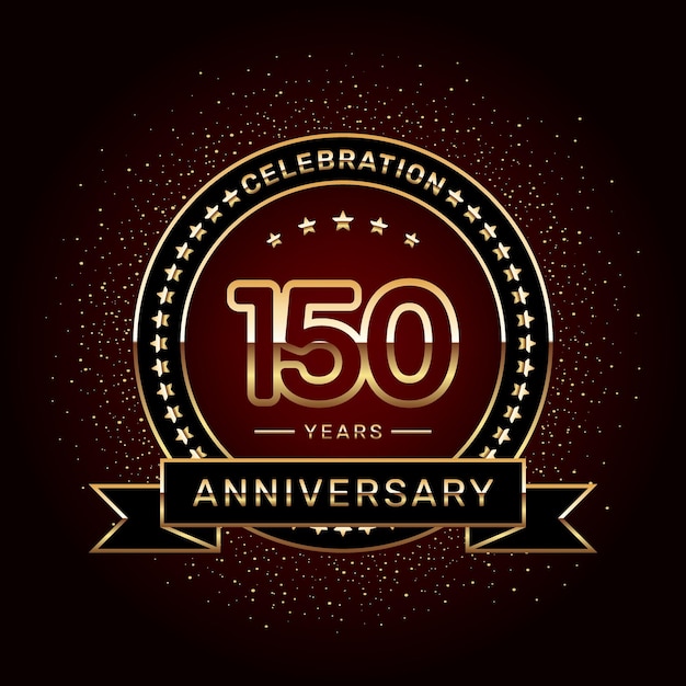 Diseño del logotipo de la celebración del 150 aniversario con un anillo dorado y una plantilla vectorial de cinta