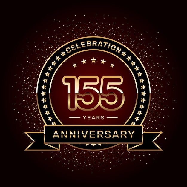 Diseño del logotipo de la celebración del 155 aniversario con un anillo dorado y una plantilla vectorial de cinta