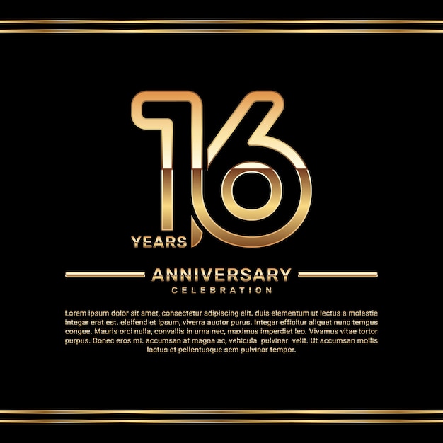 Diseño del logotipo de la celebración del 16º aniversario con números de doble línea en color dorado