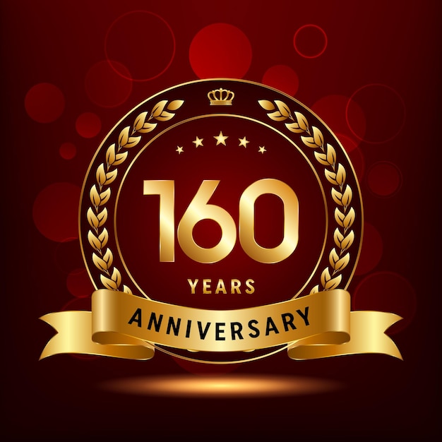 Diseño del logotipo de la celebración del 160 aniversario con corona de laurel y plantilla de vector de logotipo de cinta dorada