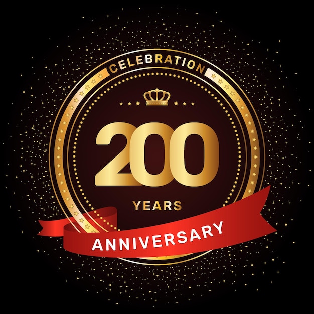 Diseño del logotipo de la celebración del 200 aniversario con un anillo dorado y una plantilla vectorial de concepto de cinta roja